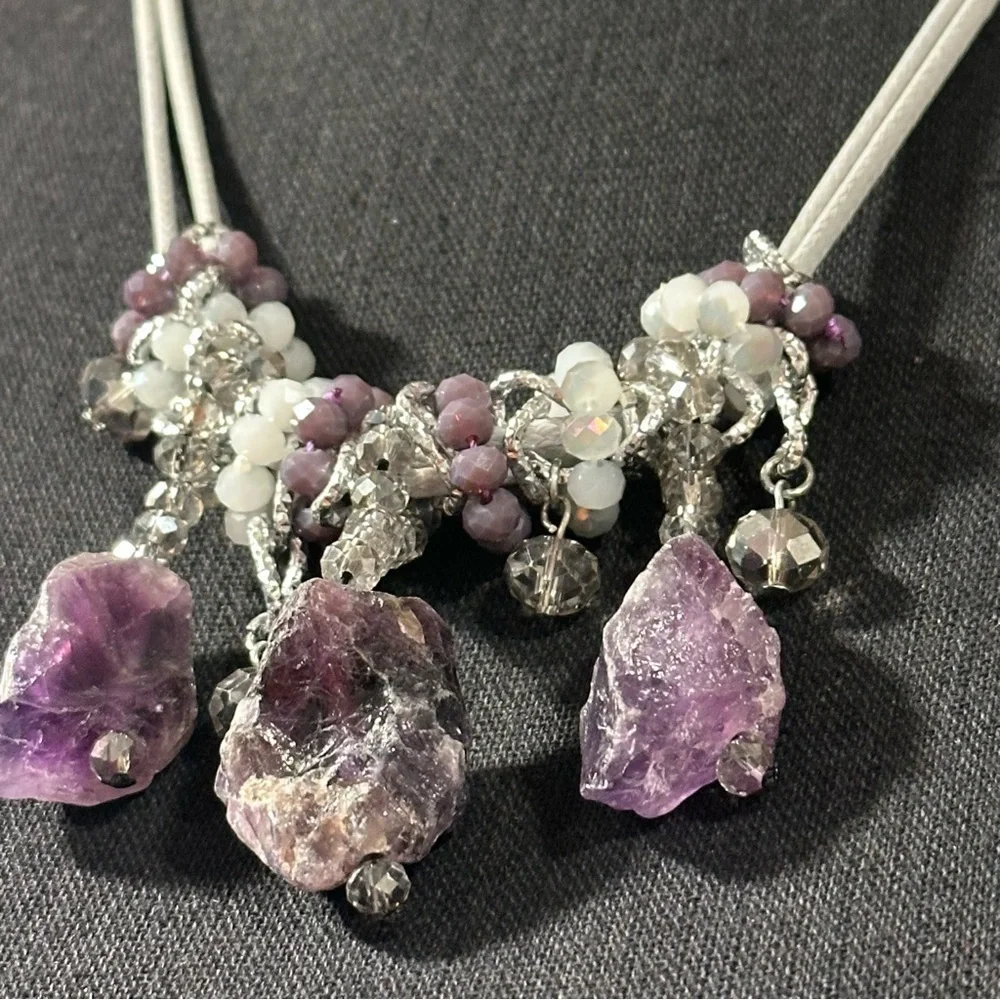 Chunky Raw Amethyst Necklace Three Large Pendants & Crystal Glass Round Beads
